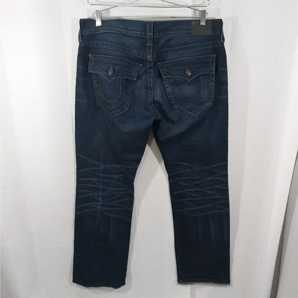 TRUE RELIGION! FAB DEEP BLUE, LOGO POCKET OMBRE FADE STRAIGHT LEG JEANS! SZ 36